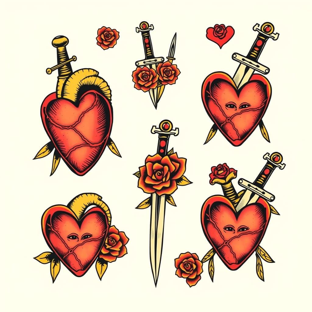 Traditional Tattoo Flash Sheet with Hearts and Daggers