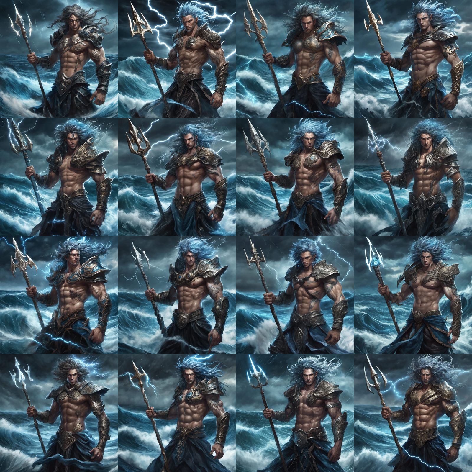 Brooding Ocean God with Trident in Stormy Seas