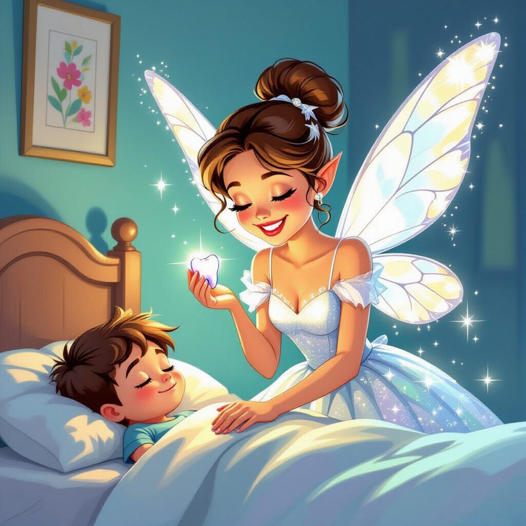 Tooth Fairy at Boy's Bedside, Comic Book Style