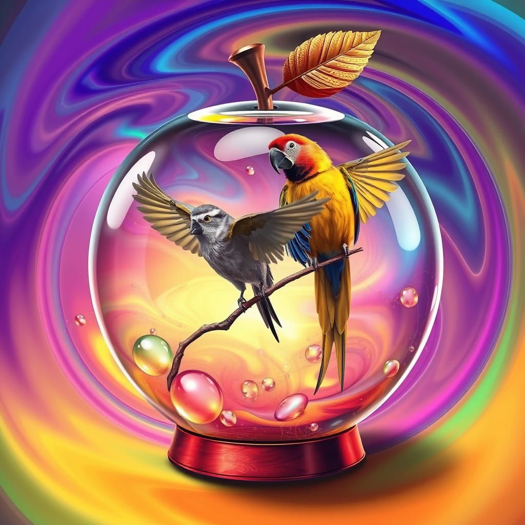 Sparrow and Macaw in Iridescent Glass Globe