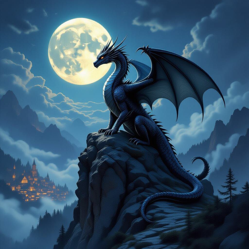 Obsidian Dragon Overlooking Fantasy Kingdom