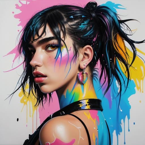 Dua Lipa Graffiti Art in Polychromatic Splash Style