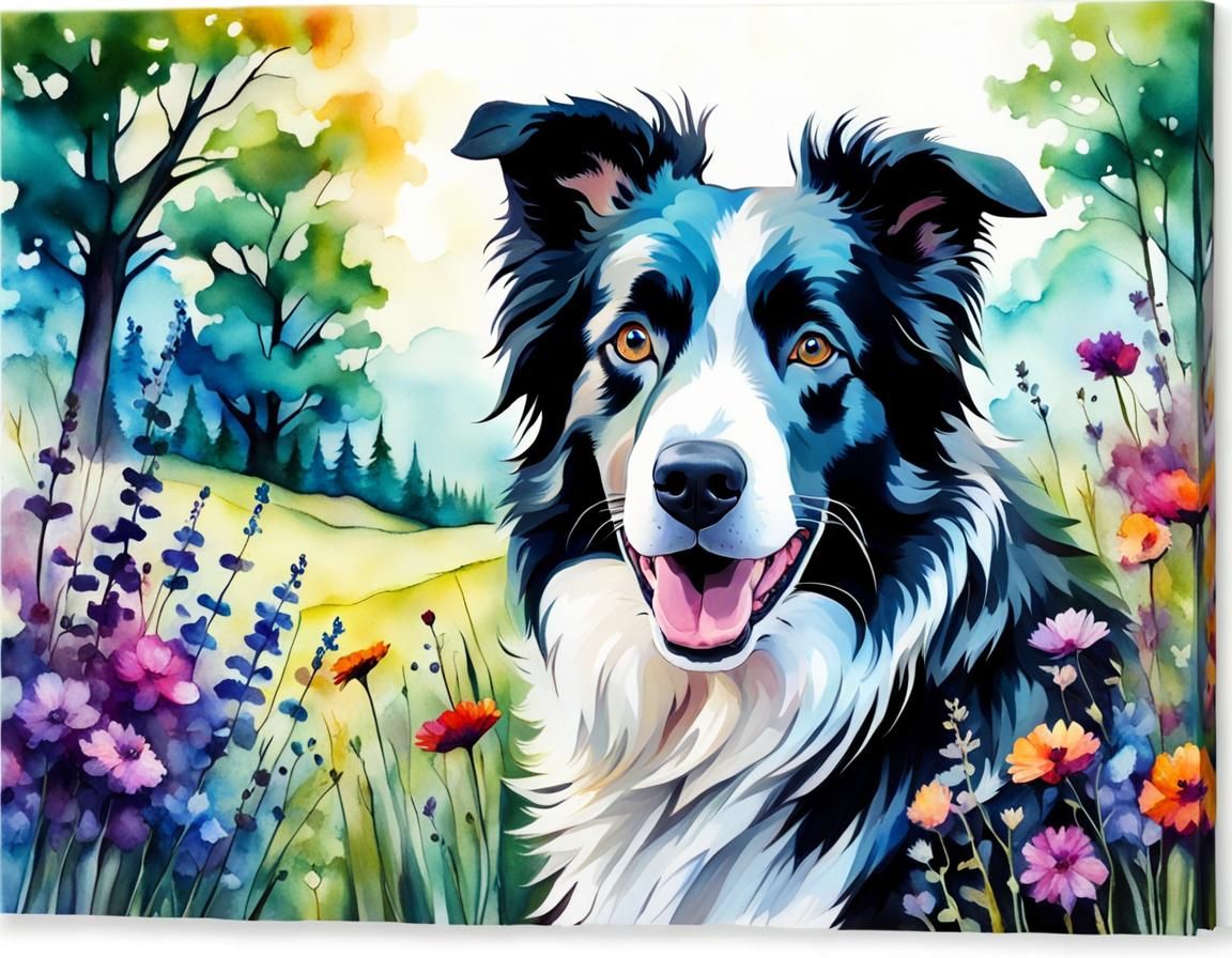 Smiling Border Collie in Vibrant Meadow: Alcohol Ink Art
