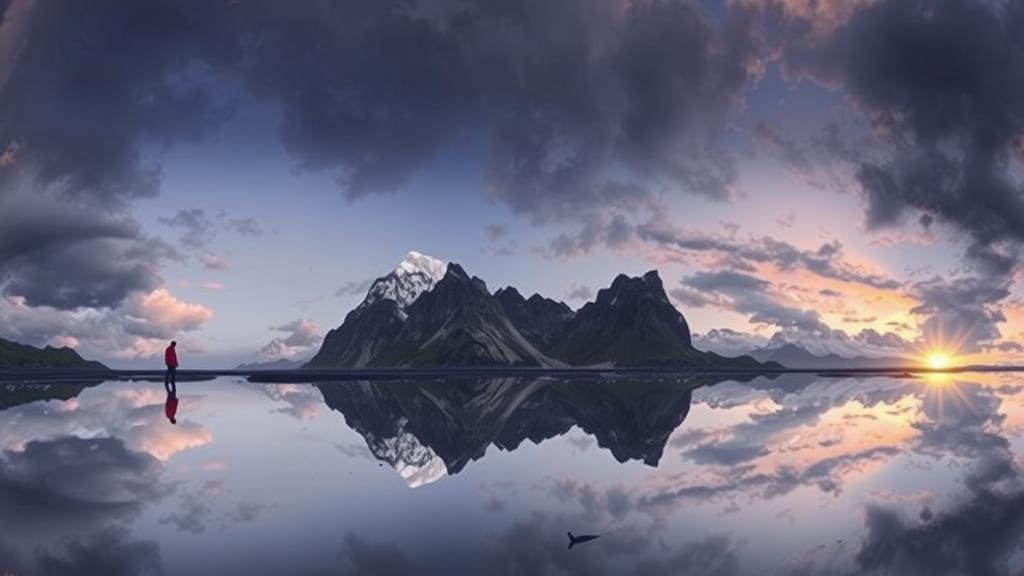 Red Coat Figure on Reflective Beach with Snowy Mountains
