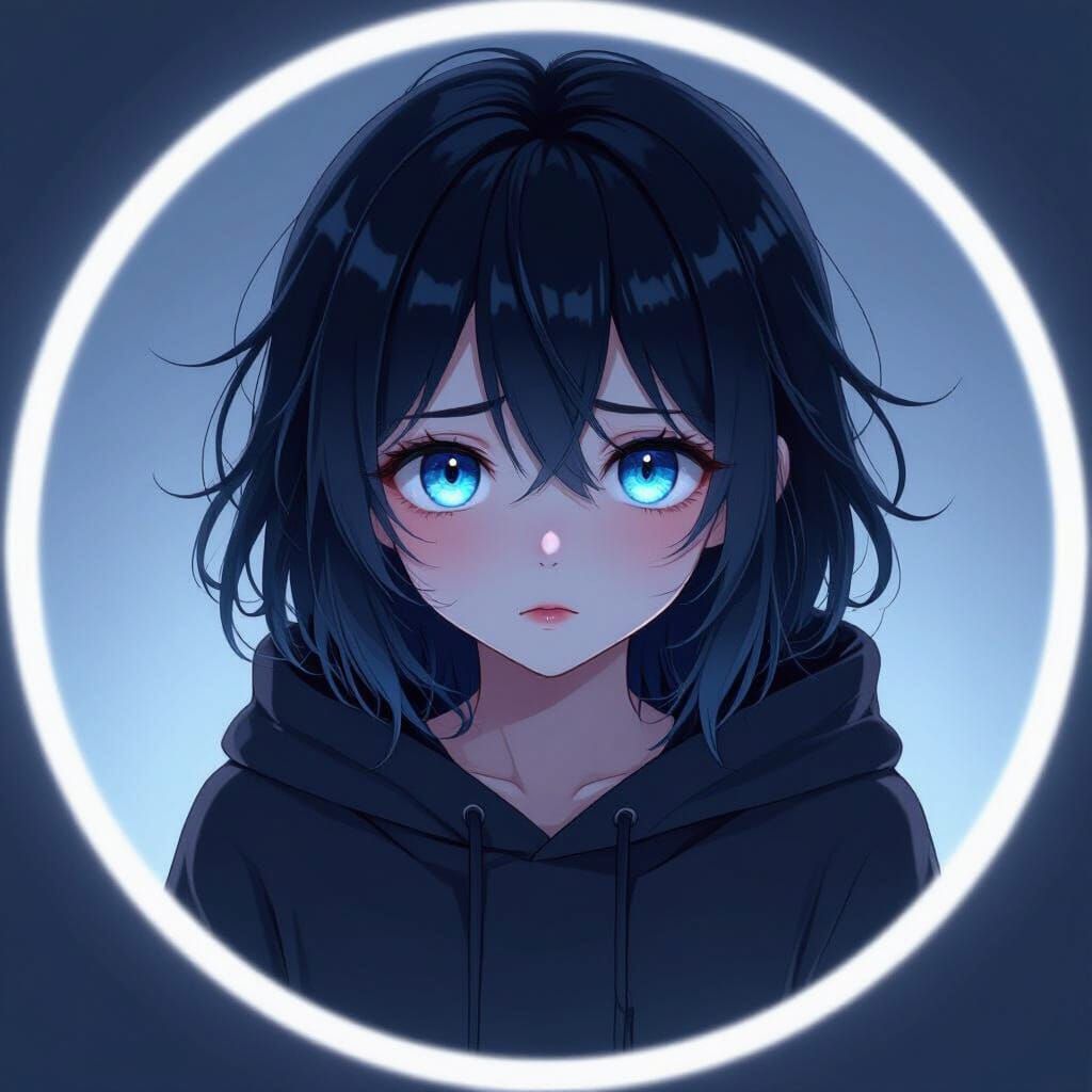Melancholic Anime Girl with Cyan Eyes in Circle Frame