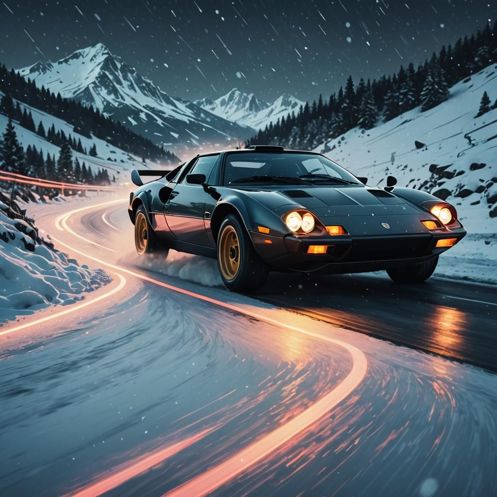 Lancia Stratos Speeding on Snowy Alpine Road