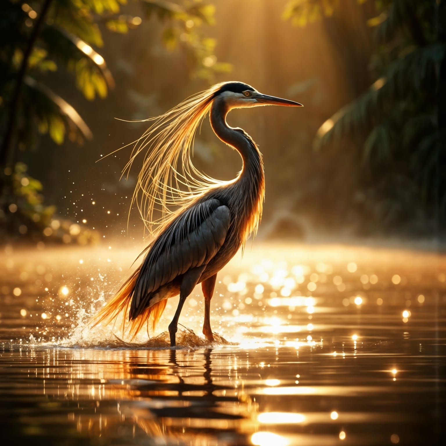 Vibrant Tropical Heron in Hyper Realistic Sunset