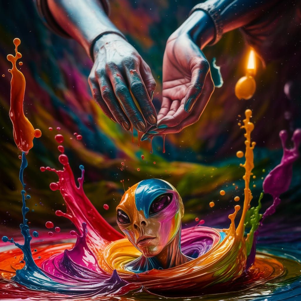 Sleek Aliens Awkwardly Emerge from Vibrant Paint Pool in Hyp...