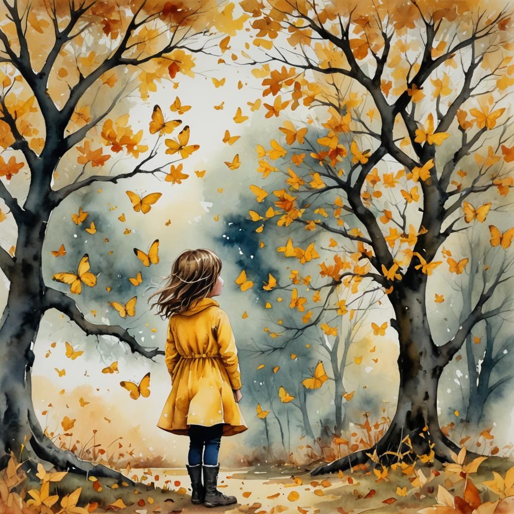Watercolor Painting of Girl with Butterflies in Autumn