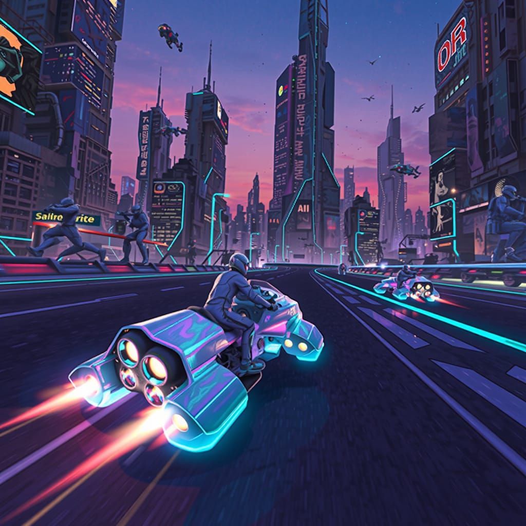 the thrilling scene from the game Skybound Dash has been generated! It features sleek, neon-lit hoverbikes with iridesce...