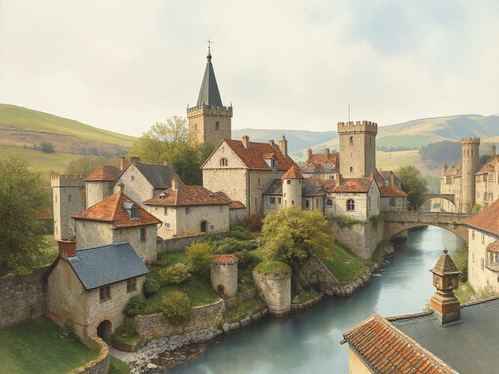 Vintage Watercolor of Medieval City and River