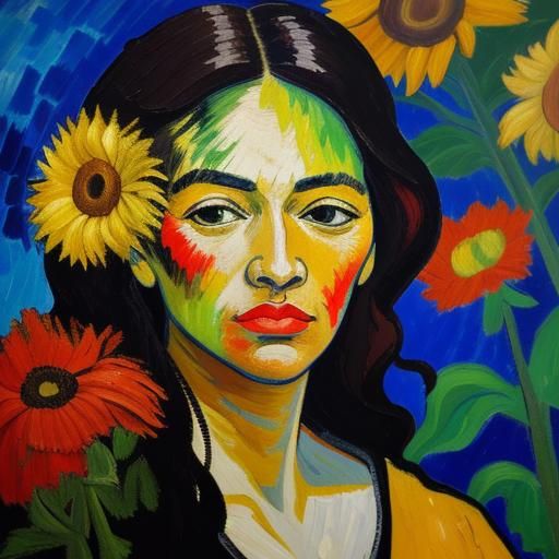 Woman with Flowers: Expressionist Impasto Oil Painting