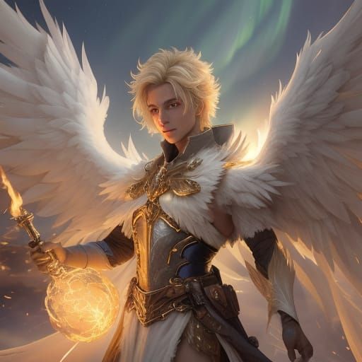 Ascending Blond Angel with Fluffy Wings Concept Art