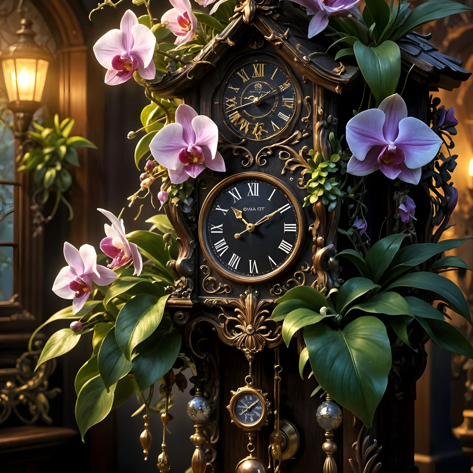 Orchid and Cuckoo Clock in Ethereal Style