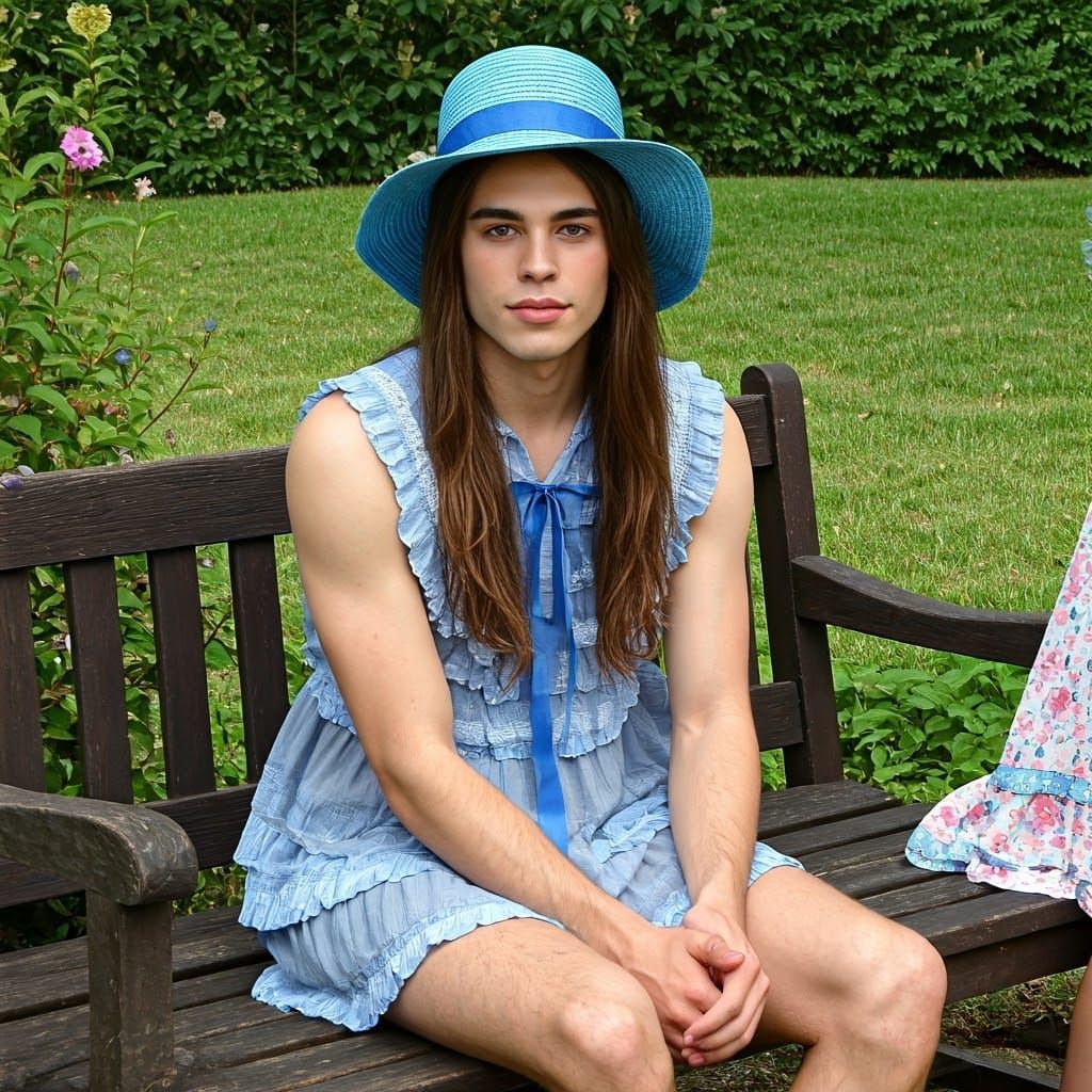 Charming Young Man Crossdressing in a Whimsical Garden Setti...