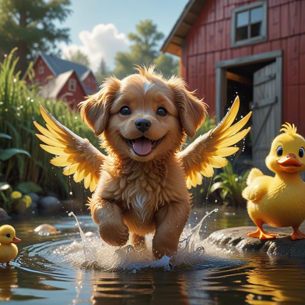 Joyful Orange Puppy Splashing with Duck in Disney/Pixar Styl...