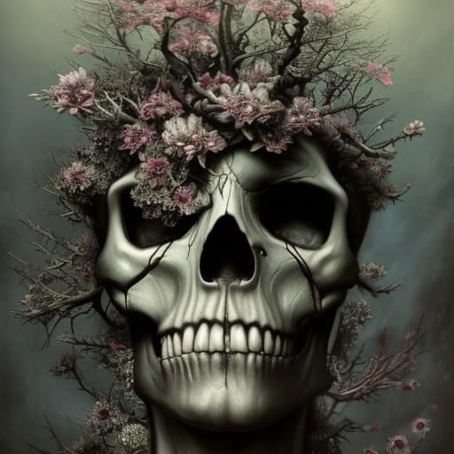 Tree Skull Punk Rock Art with Flowers