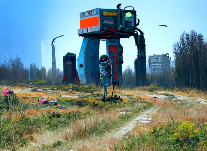 Robots Scavenge Ruins in Post-Apocalyptic Landscape
