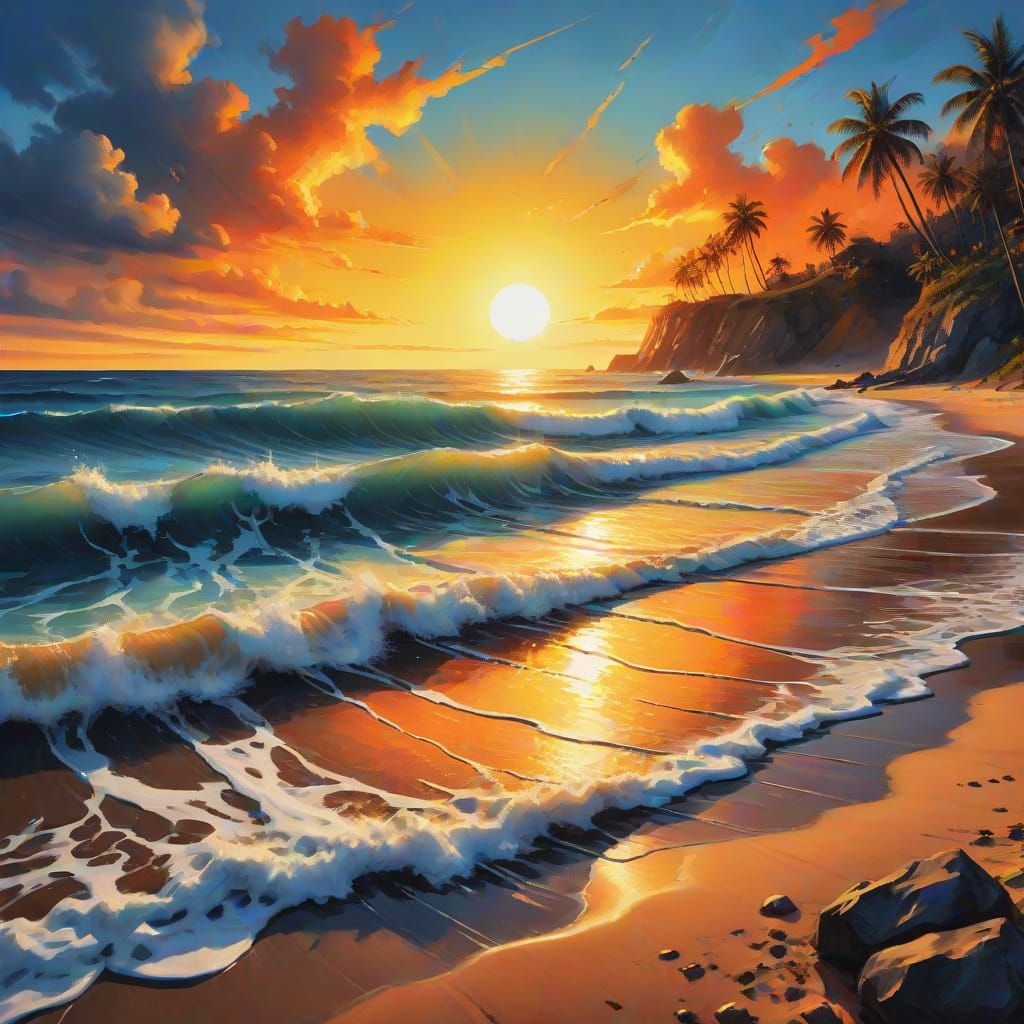 Sunset Beach in Gouache Style, Impasto Painting