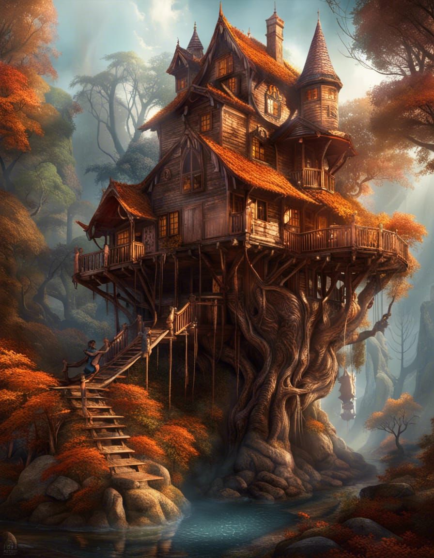 Epic Autumn Treehouse in Whimsical Fantasy Style