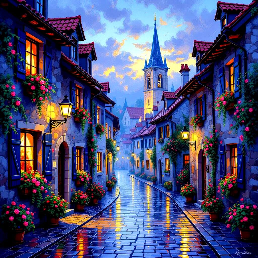 Picturesque Village Street Scene at Dusk in Impressionism St...