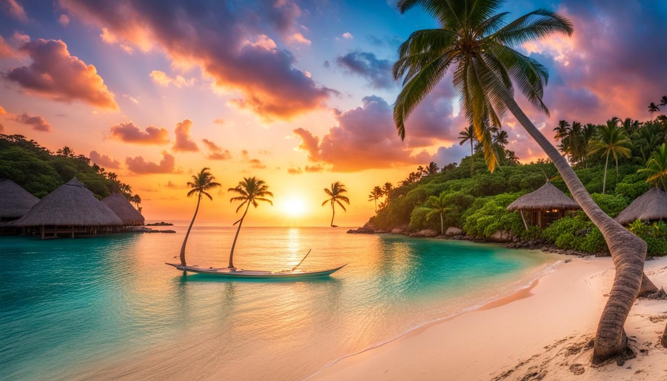 Tropical Island Sunset with Exotic Flowers