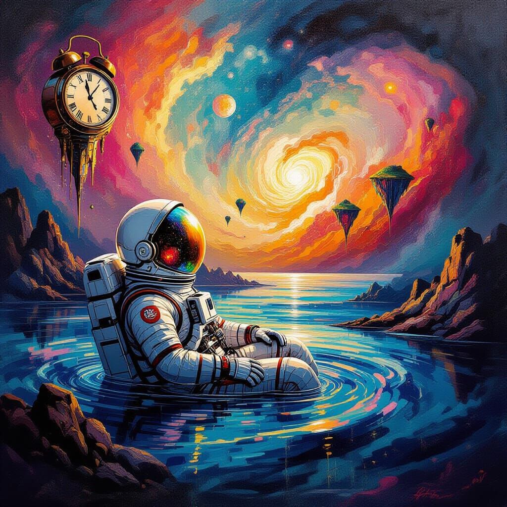 Astronaut Adrift in Cosmic Ocean, Surreal Galaxy Reflection