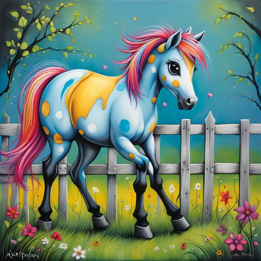 Cute Pony Playing in Mixed Media Style