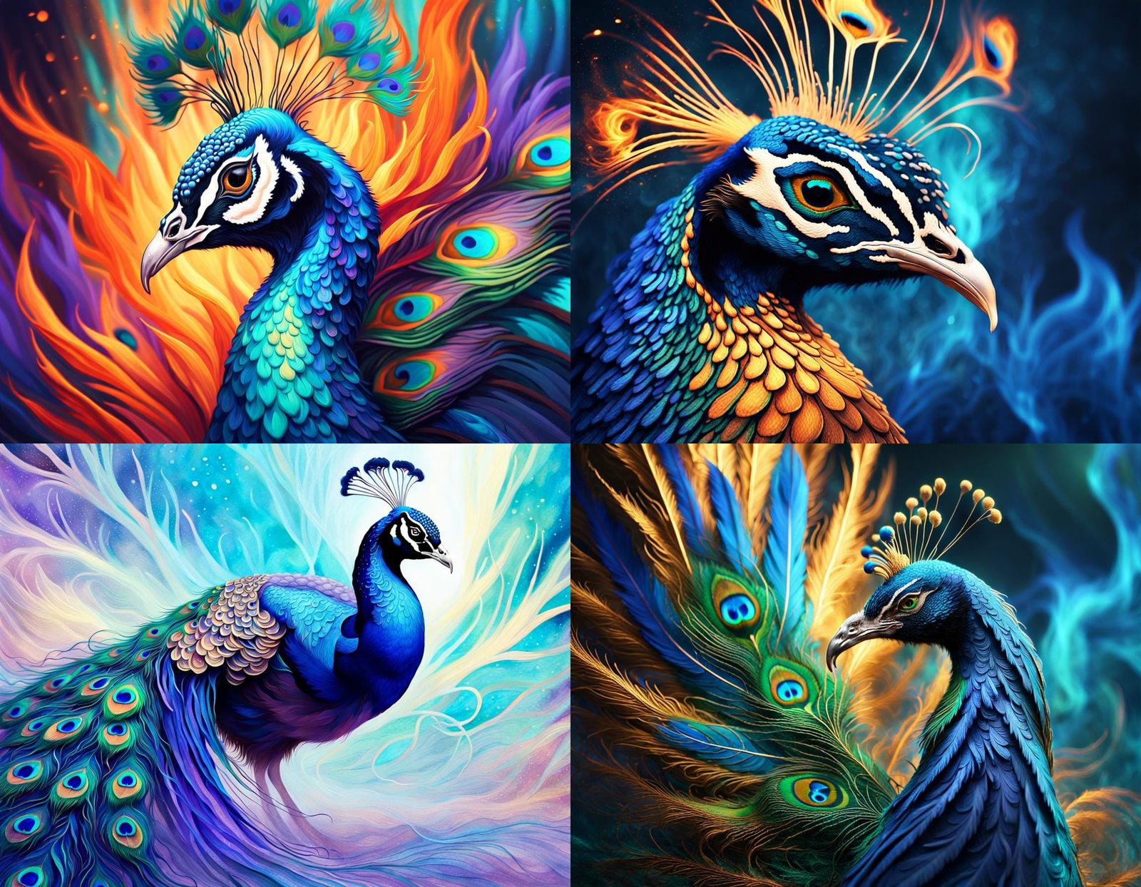 Majestic Peacock Phoenix in Vibrant Blue Flames