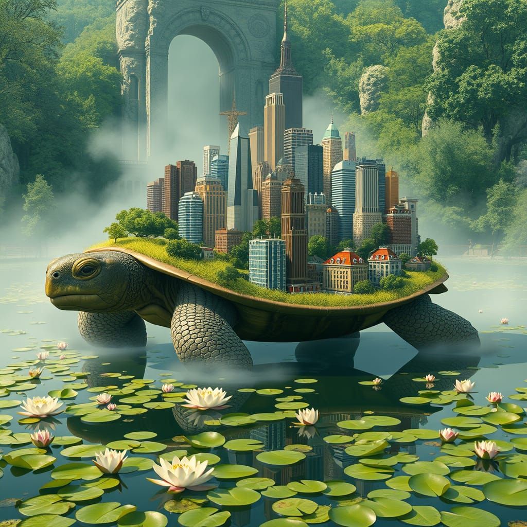 Giant Tortoise Carrying City in Whimsical Style