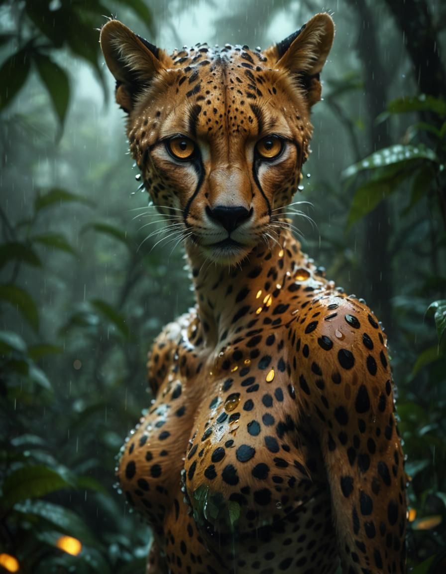 Anthropomorphic Cheetah Goddess in Futuristic Rainforest