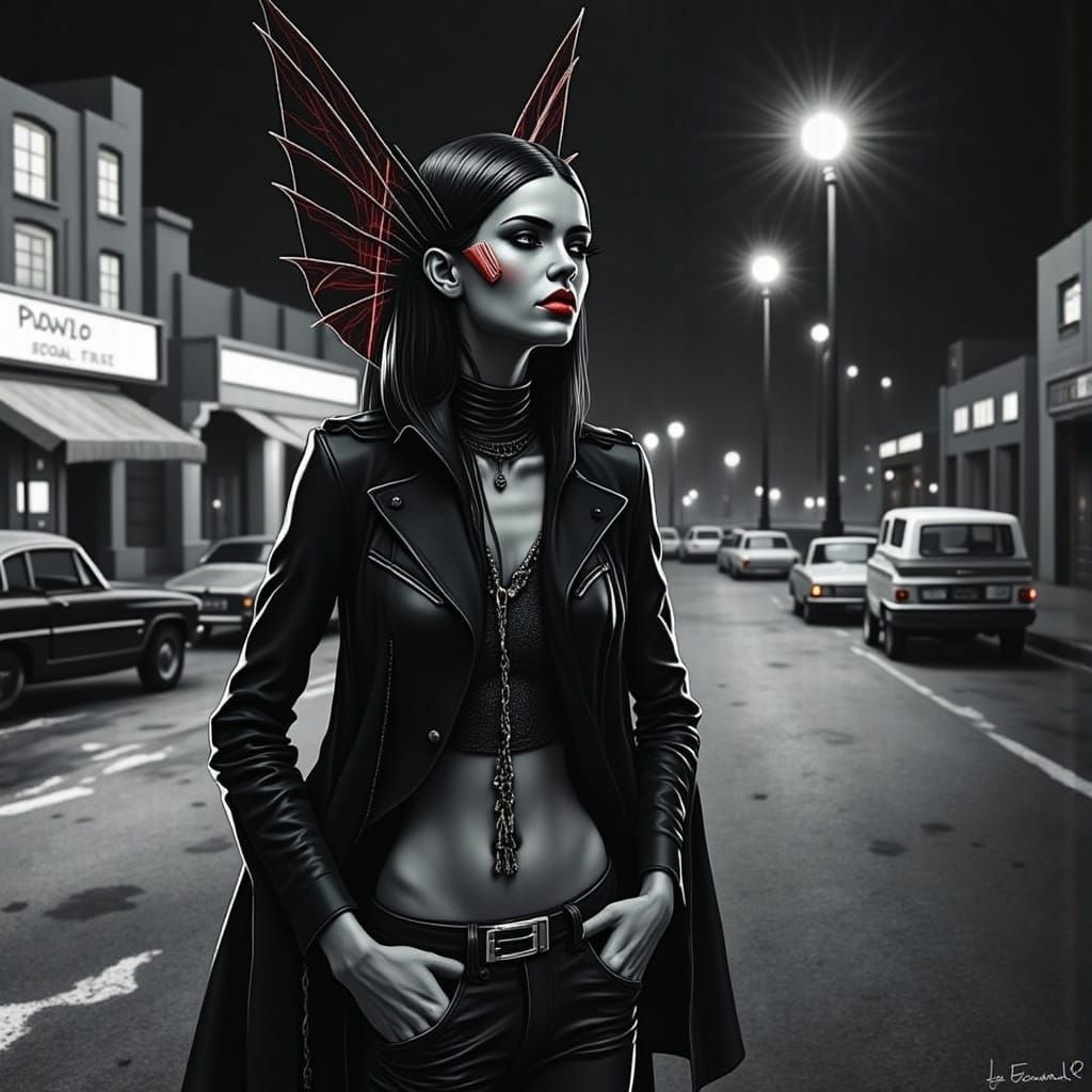<lora:Death River:1.0>  Create a black and white fashion  photograph  style image  with geometric  red  winged   model i...