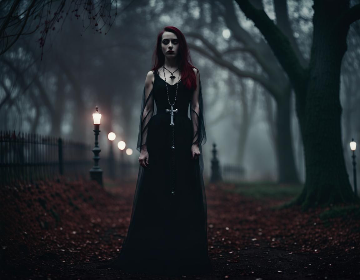 Ethereal Gothic Beauty Strolls Through Moonlit Mist