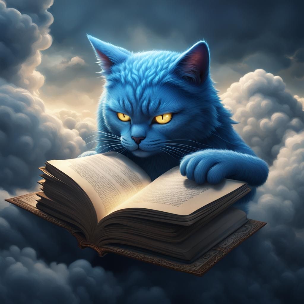 Blue Cat Reading Book on Cloud, Fantasy Art