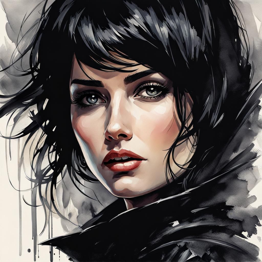 Gothic Beauty Portrait in Modern Ink Painting Style