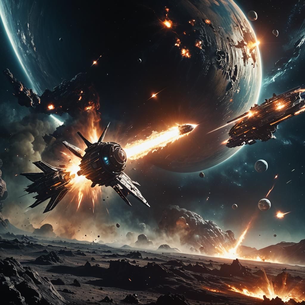 Dramatic Sci-Fi Space Battle in Cinematic Style