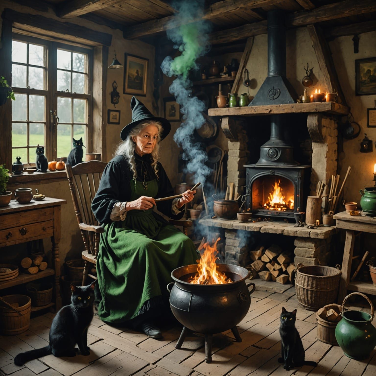 Mystical Cottage Scene with Witch and Black Cat