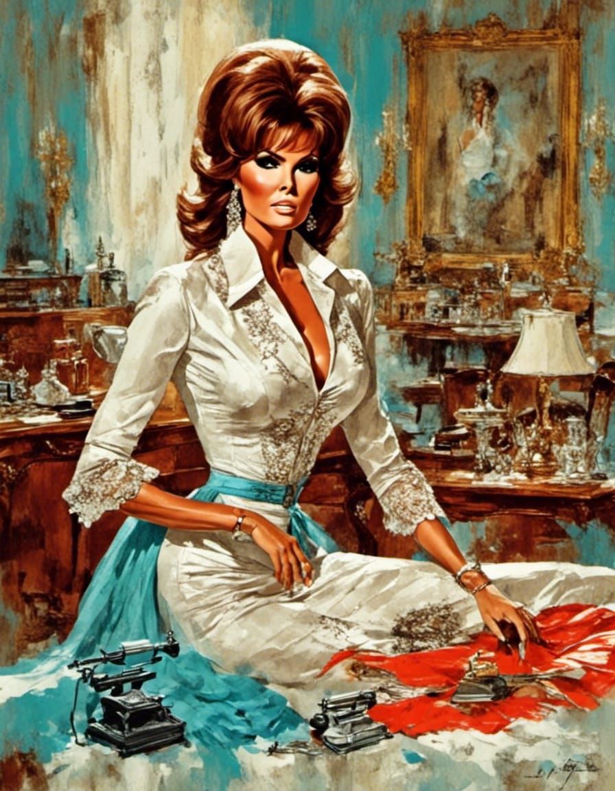 Raquel Welch as Colonial Seamstress in Pulp Art Style