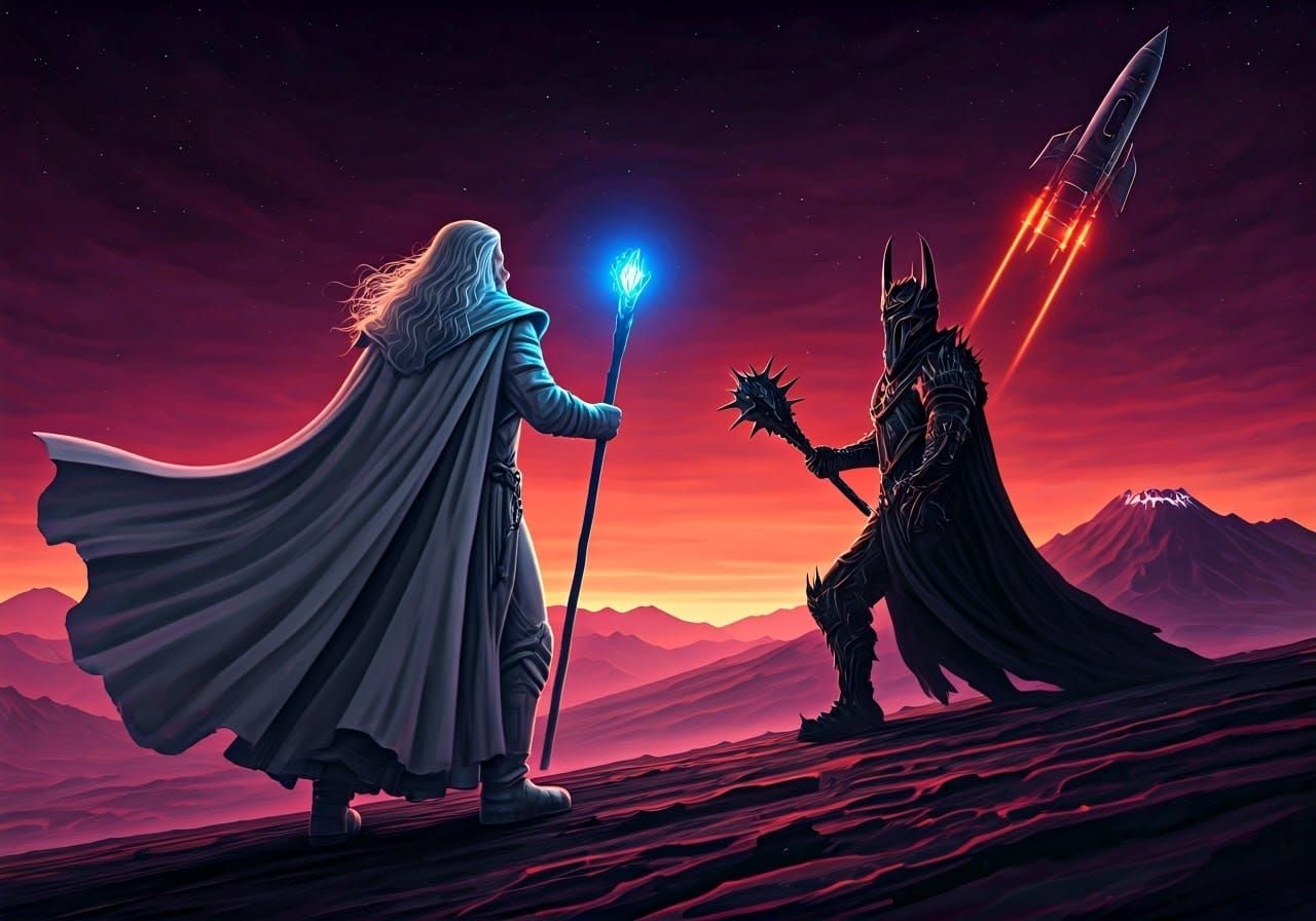 Gandalf in Cyberpunk Wizard Spacesuit Faces Dark Lord Sauron
