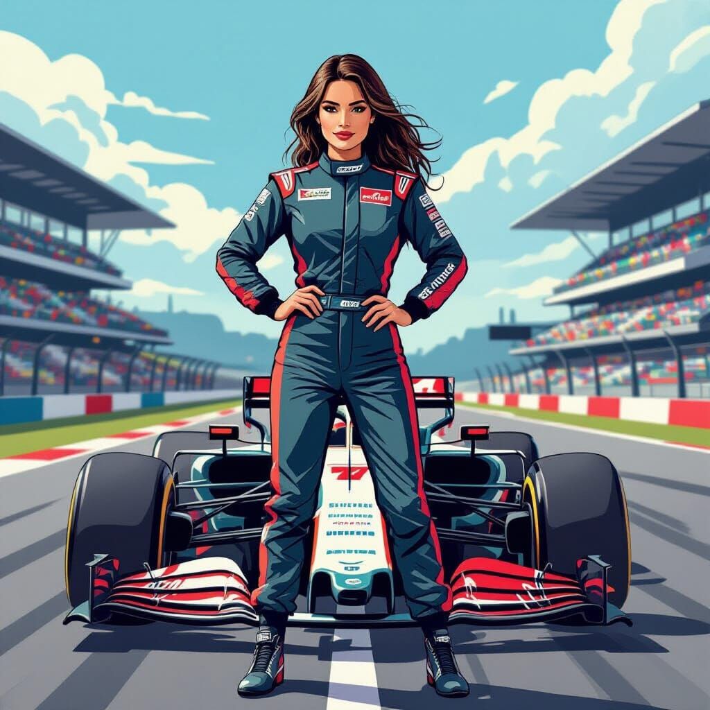 Glamorous Race Car Driver in Soviet Caricature Style