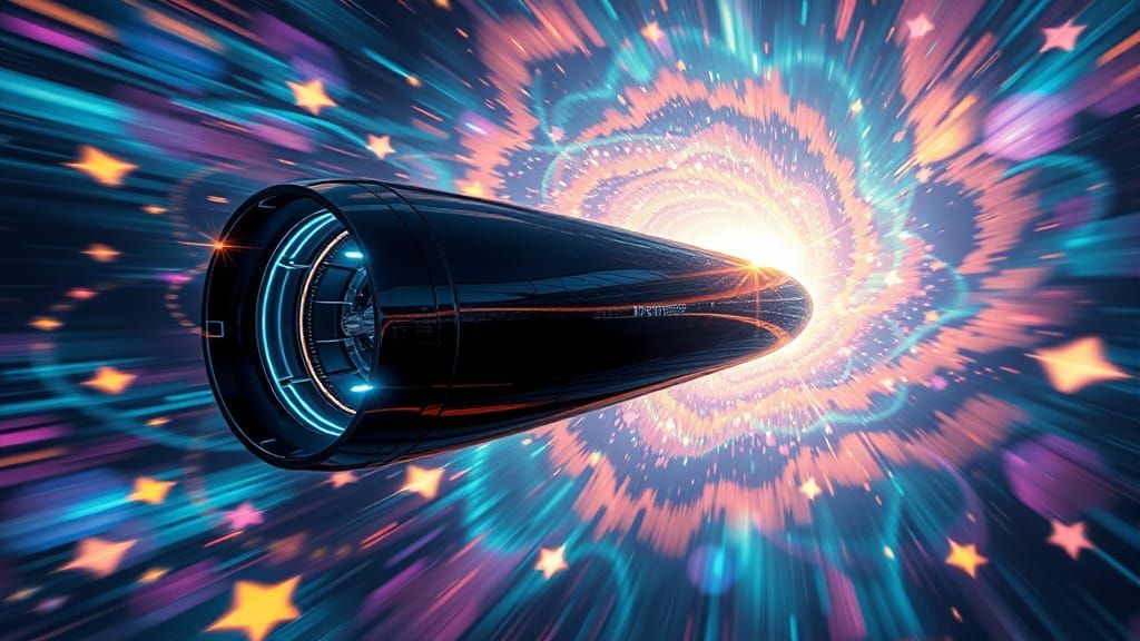 Black Starship Races Through Iridescent Plasma Vortex