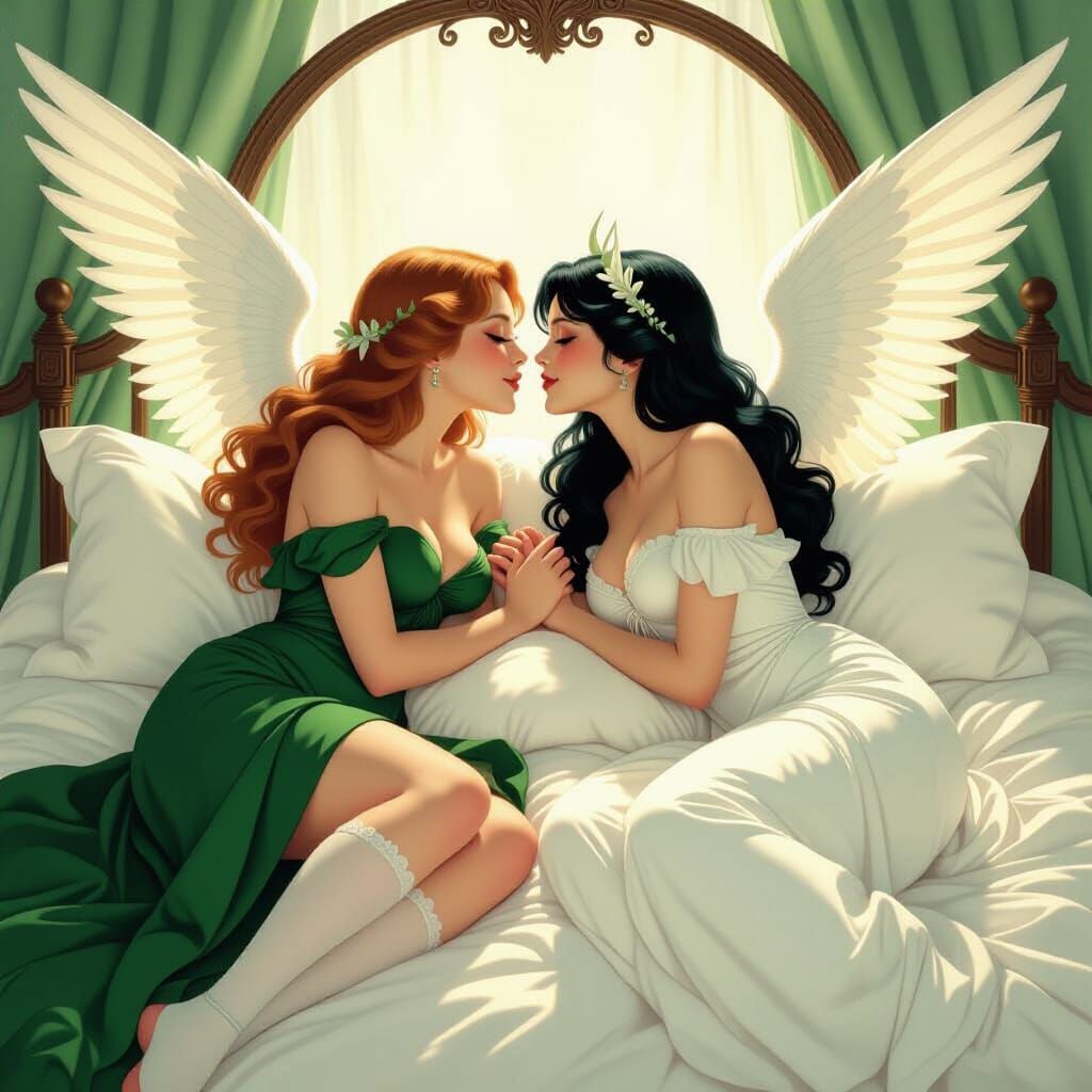 Angelic and Demonic Women Kissing, Art Nouveau Style