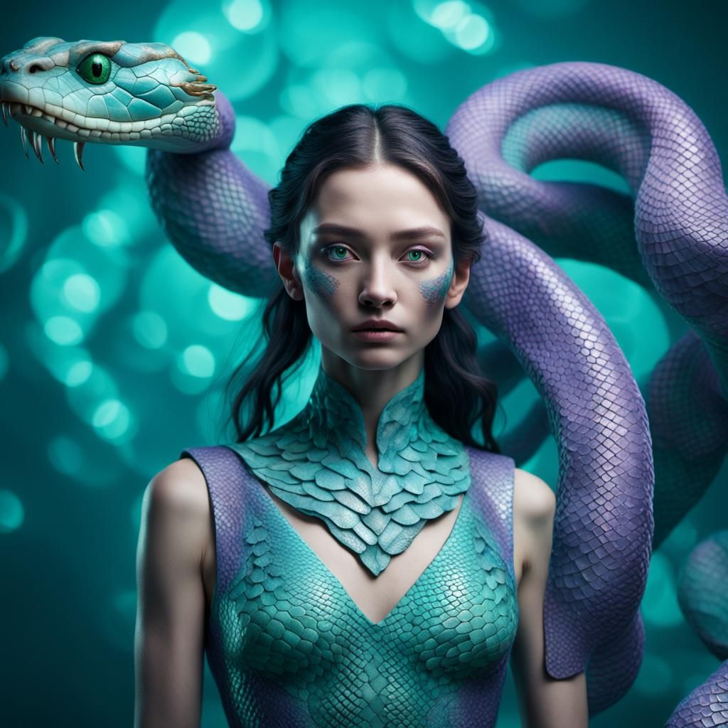 Realistic Digital Portrait of Woman with Scaly Skin and Snak...