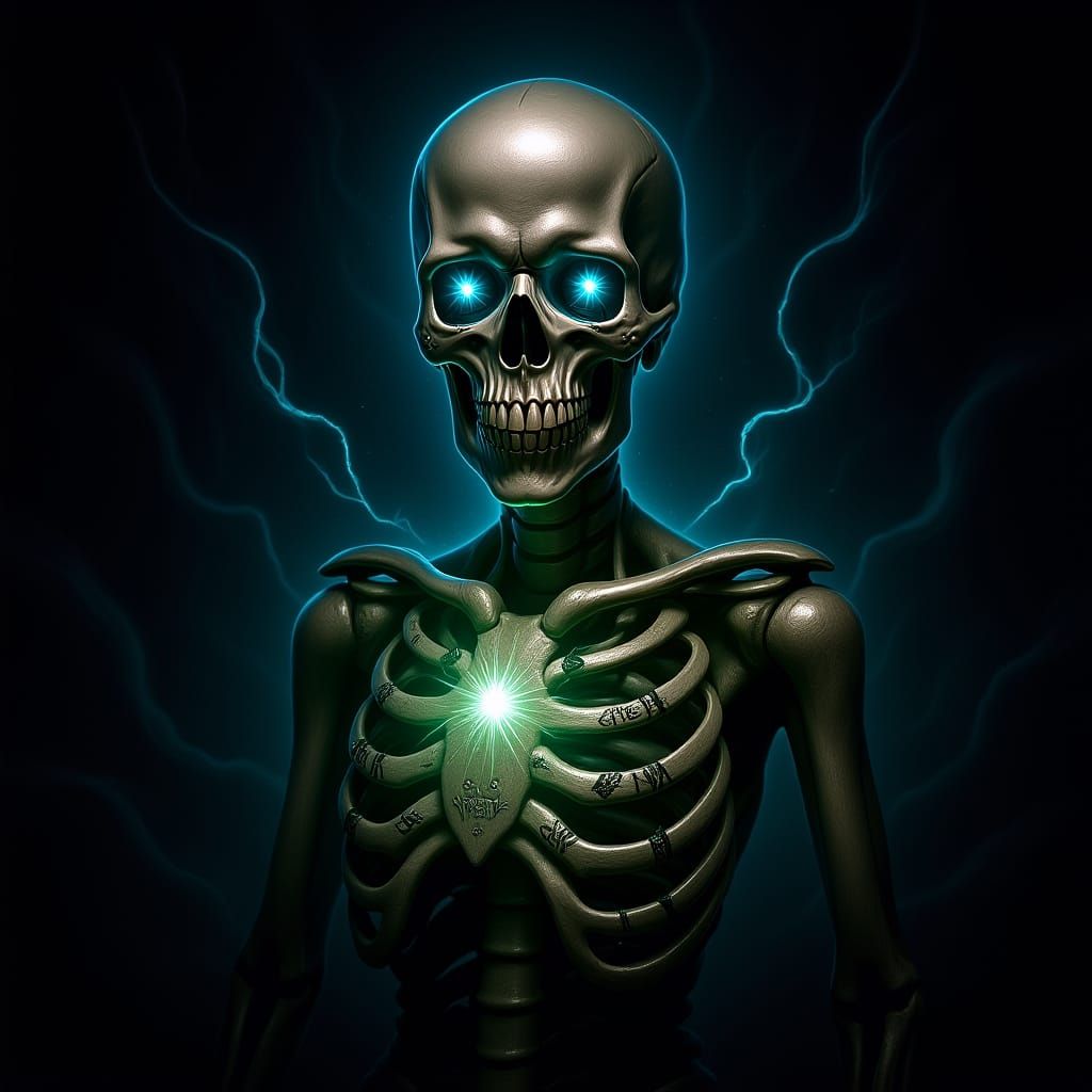 Mystical Skeleton Radiating Ethereal Magic and Runes