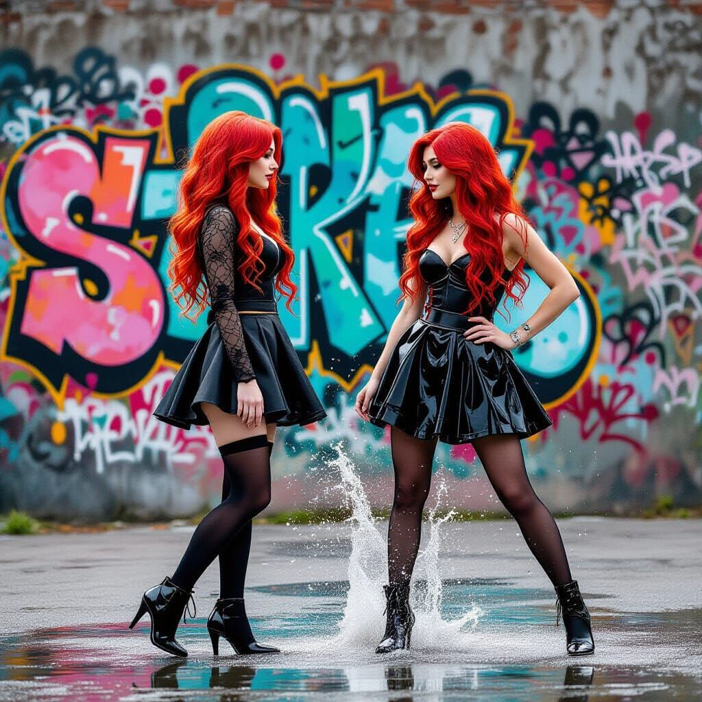 Androgynous Figures Dancing on Water in Street Art Style