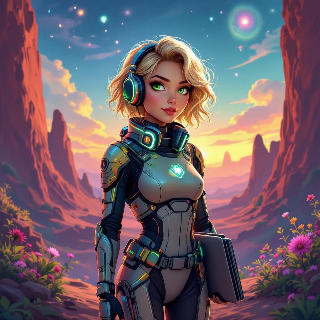 Woman in Spacesuit on Alien Planet in Animated Style