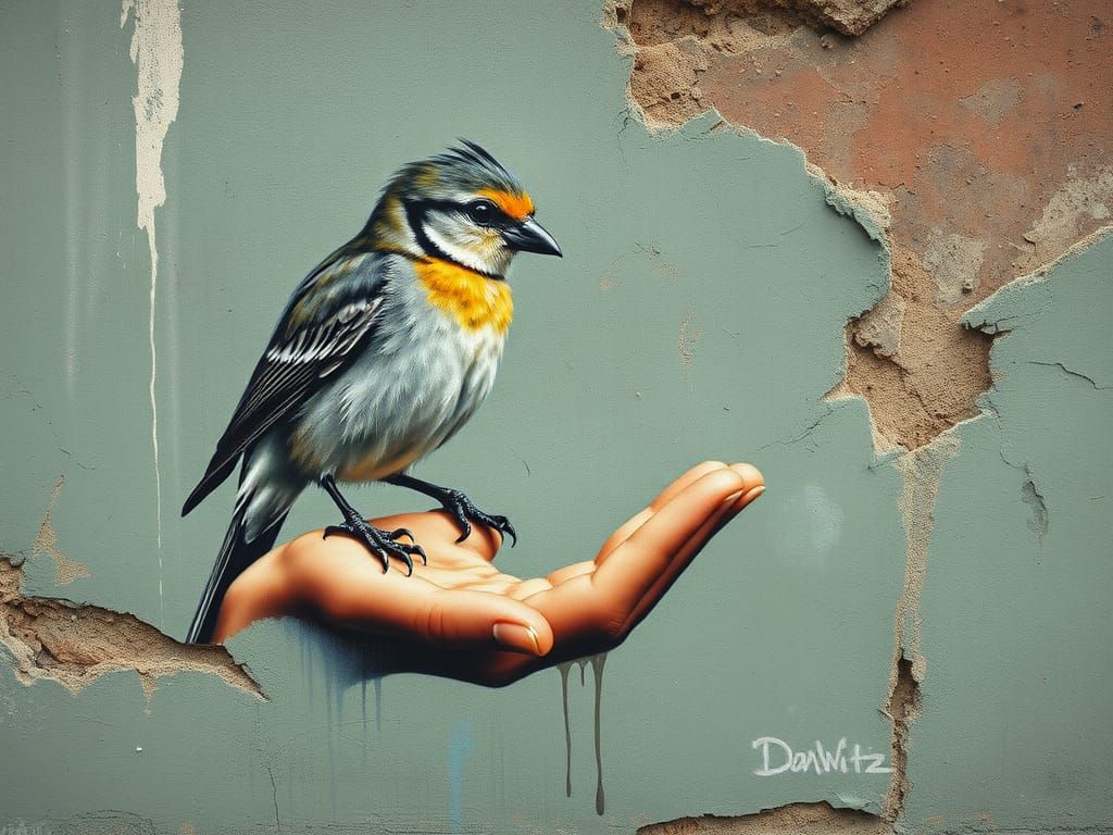 Vibrant Urban Bird Portrait in Mural Style