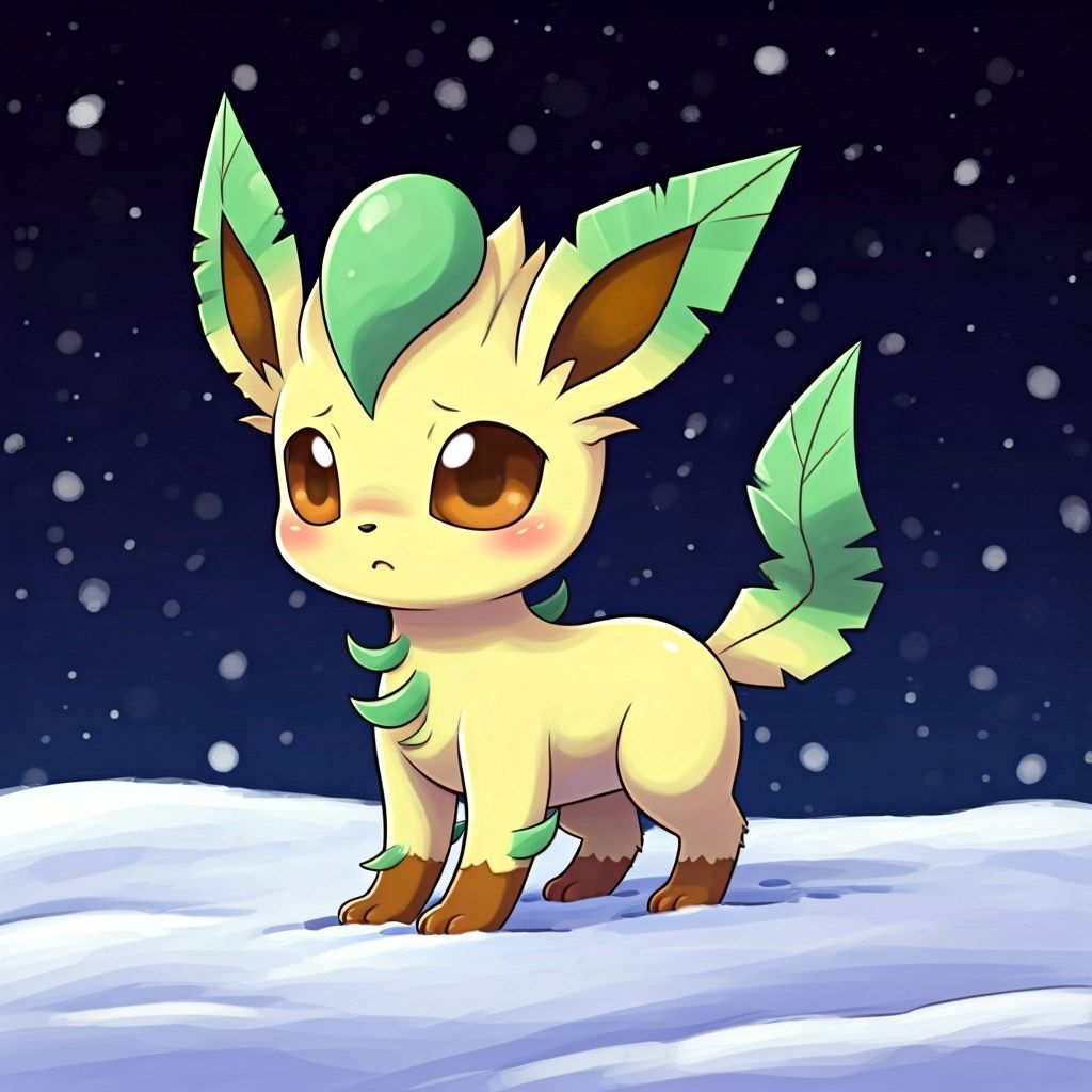 Adorable Chibi Leafeon Walks Cautiously in Snow