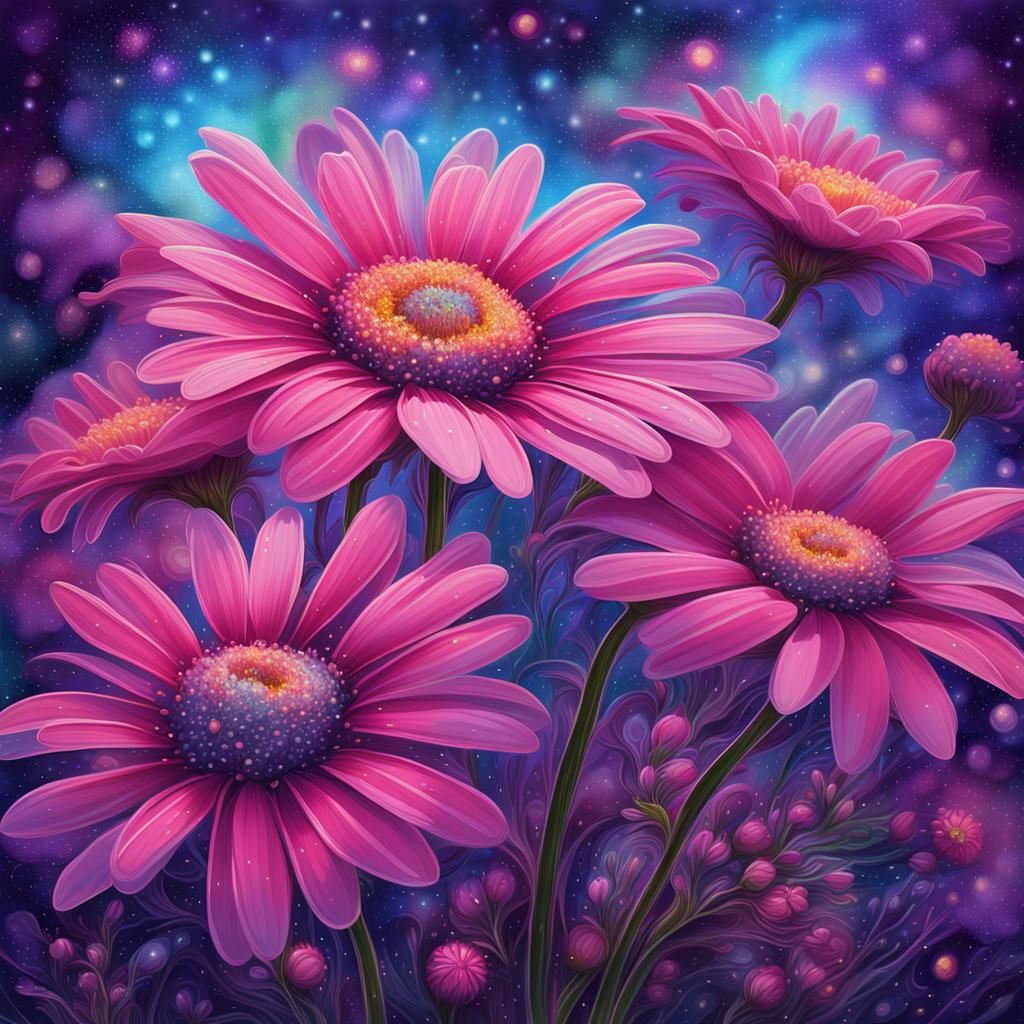 Iridescent Pink Daisies in Cosmic Dreamscape