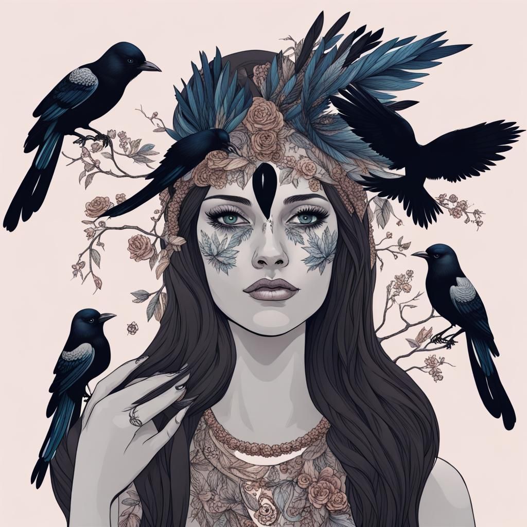 Enigmatic Magpie Bird Woman Transformation